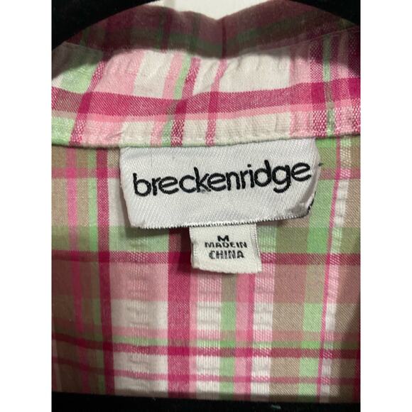 Breckenridge Womens Zip Up Collared Shacket Medium Pink Green Plaid Preppy Thin - Picture 2 of 11